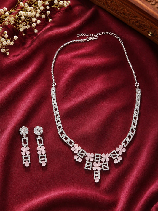Silver-Tone Pink Floral Stone Necklace Set with Matching Drop Earrings