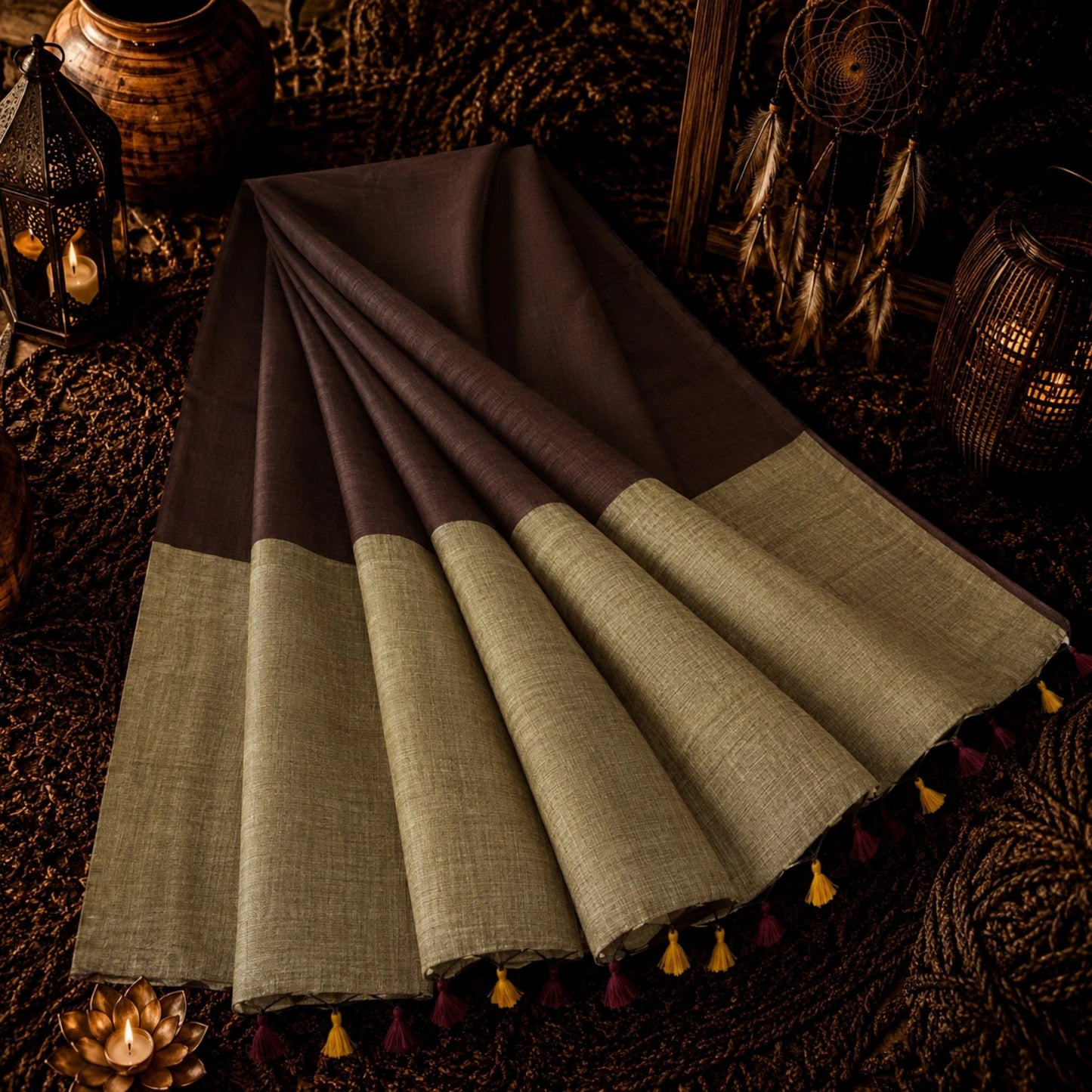 Olive Brown Khadi Saree with Contrast Dark Brown Pallu and Handcrafted Tassel Border