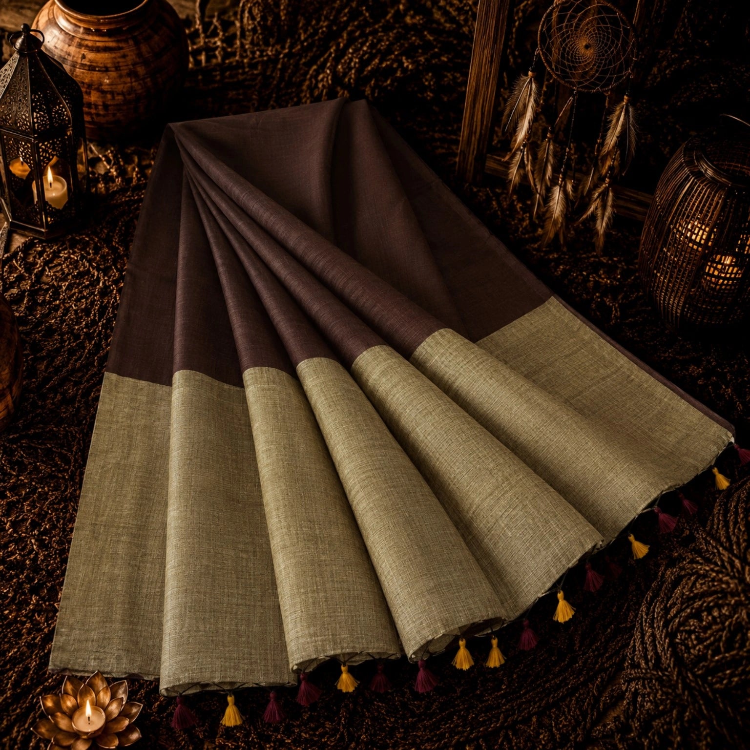 Olive Brown Khadi Saree with Contrast Dark Brown Pallu and Handcrafted Tassel Border