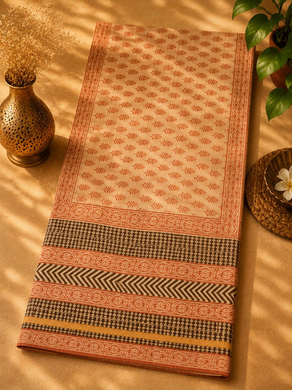 Beige Kota Dori Hand Block Print Saree with Rust Leaf Motifs and Tribal Border Design