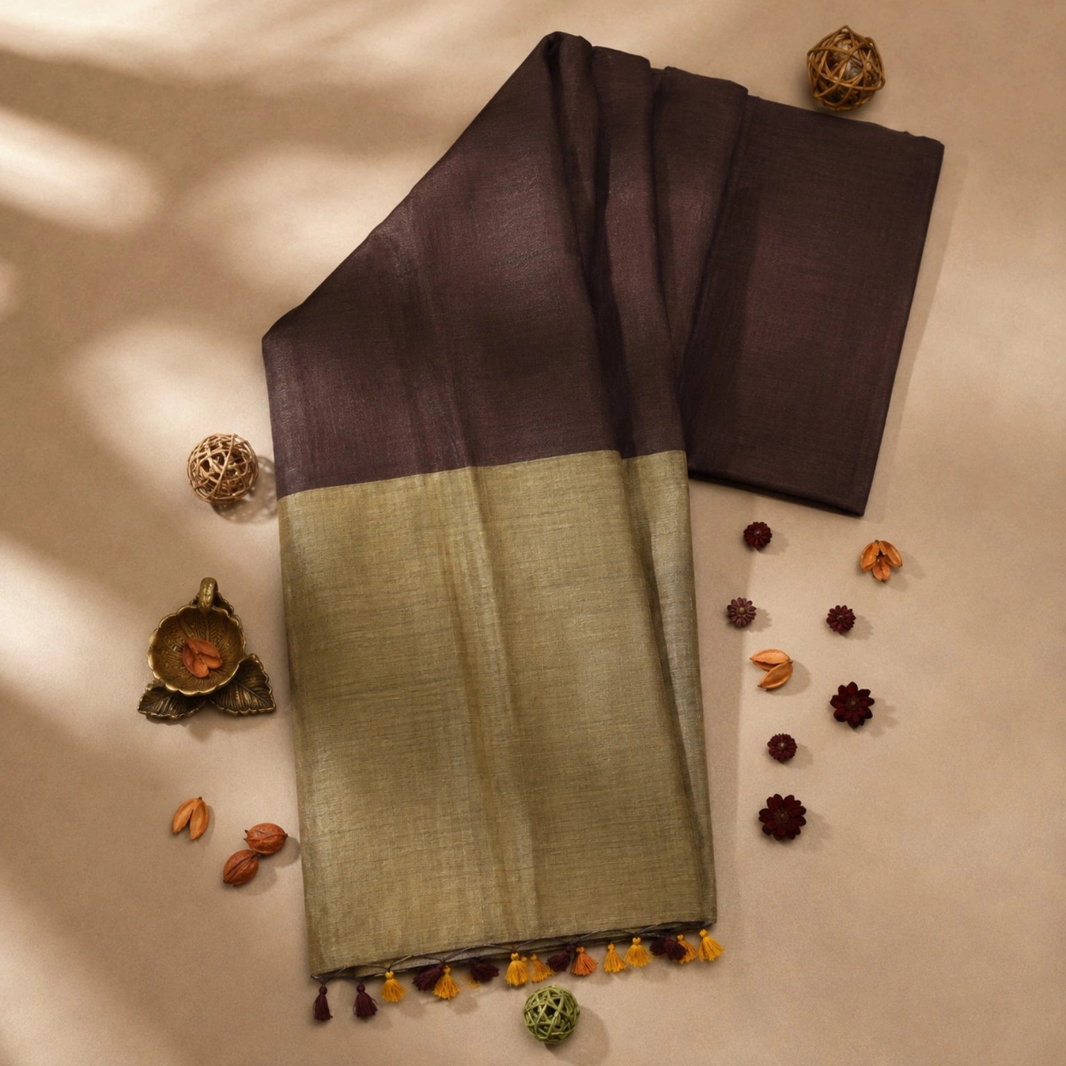 Olive Brown Khadi Saree with Contrast Dark Brown Pallu and Handcrafted Tassel Border