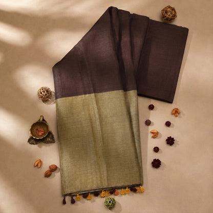 Olive Brown Khadi Saree with Contrast Dark Brown Pallu and Handcrafted Tassel Border