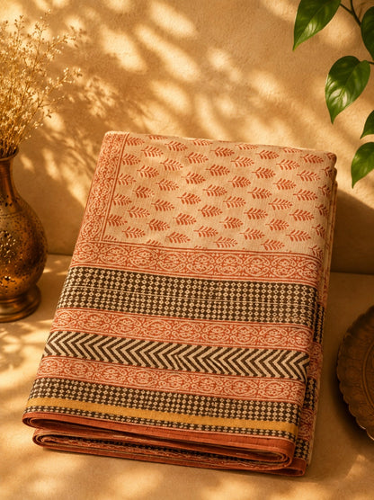 Beige Kota Dori Hand Block Print Saree with Rust Leaf Motifs and Tribal Border Design