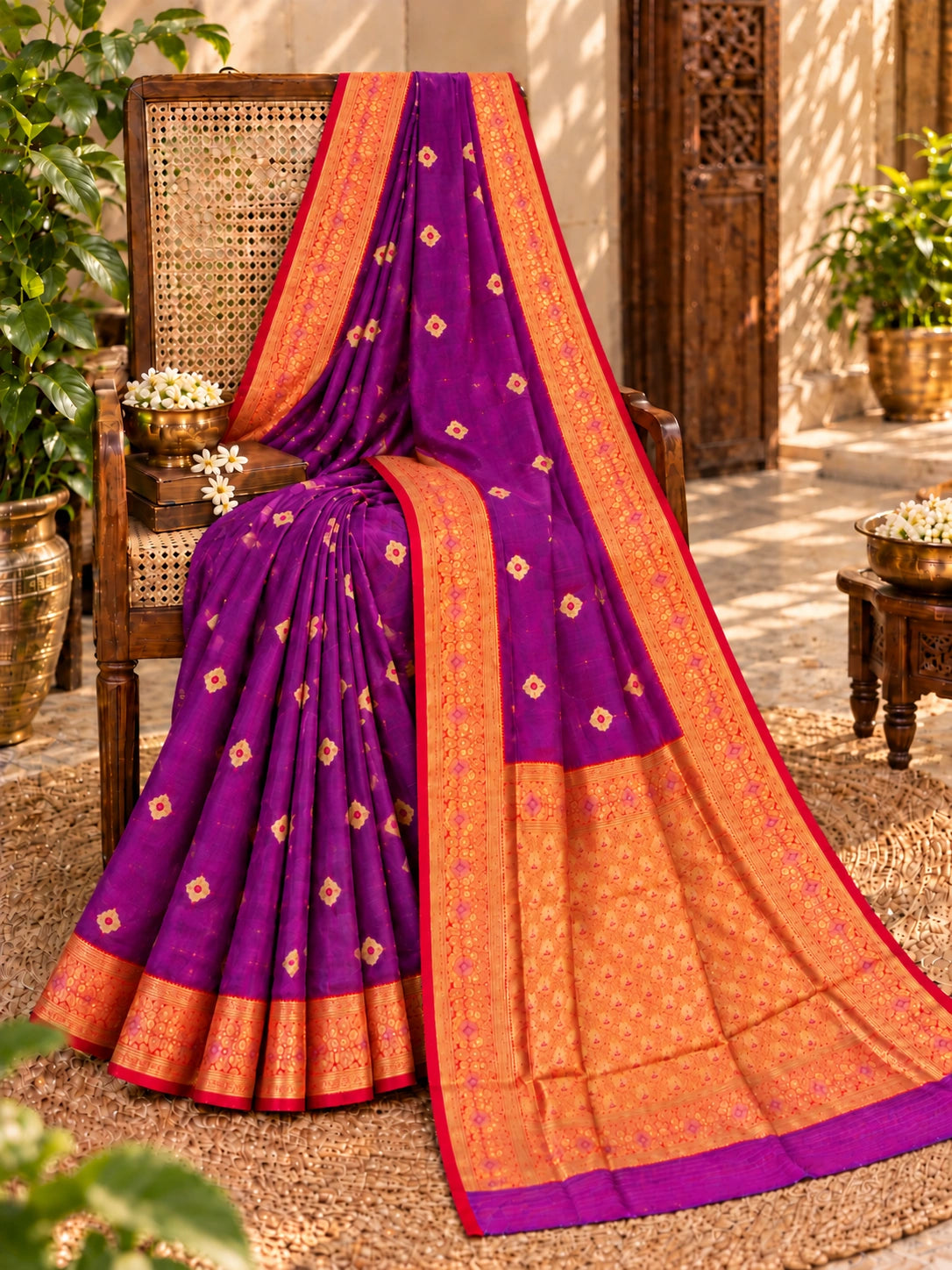 Purple Semi Katan Big Buta Kanji Saree with Red Gold Zari Border