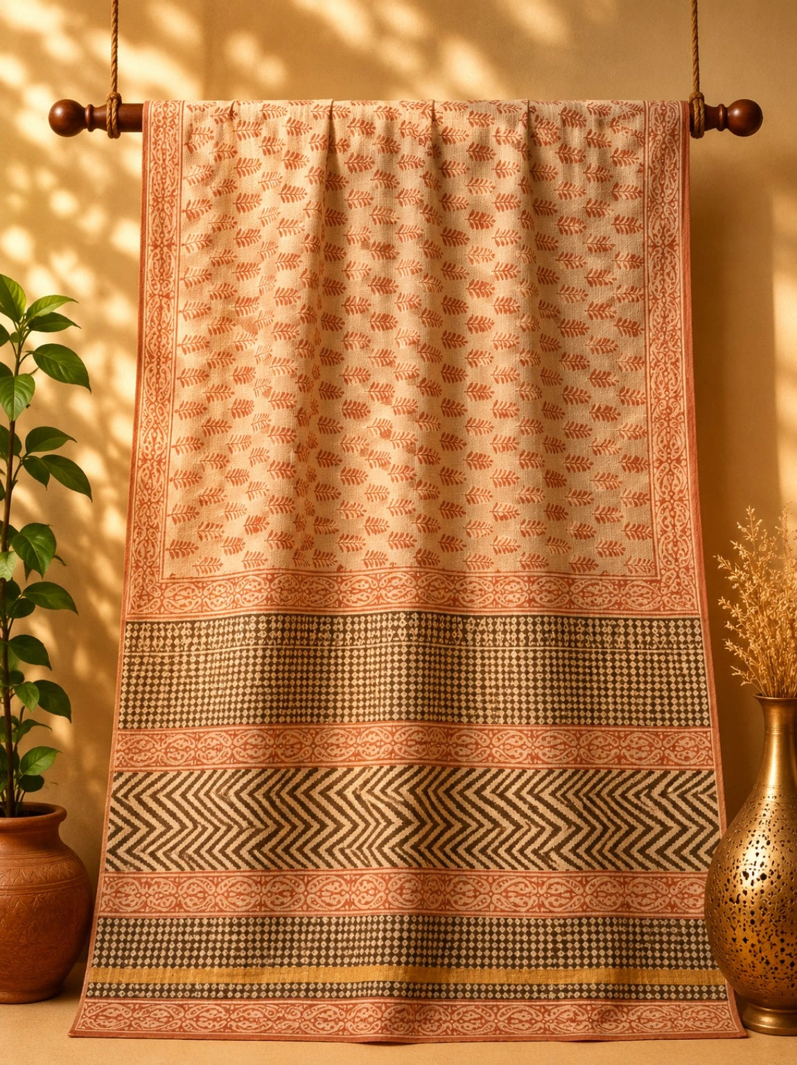 Beige Kota Dori Hand Block Print Saree with Rust Leaf Motifs and Tribal Border Design