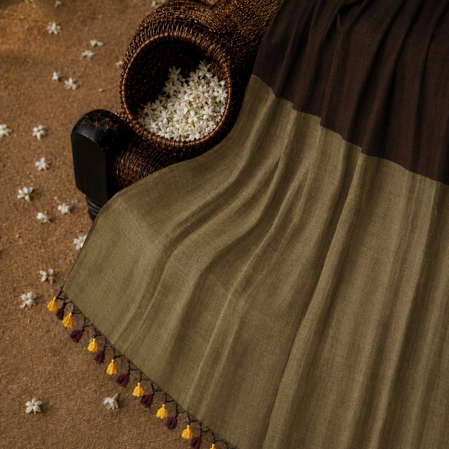 Olive Brown Khadi Saree with Contrast Dark Brown Pallu and Handcrafted Tassel Border