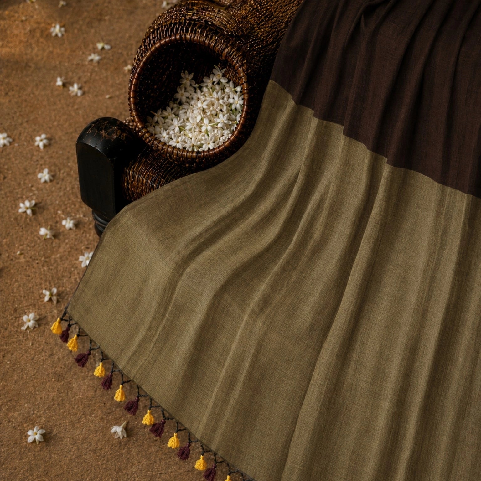 Olive Brown Khadi Saree with Contrast Dark Brown Pallu and Handcrafted Tassel Border