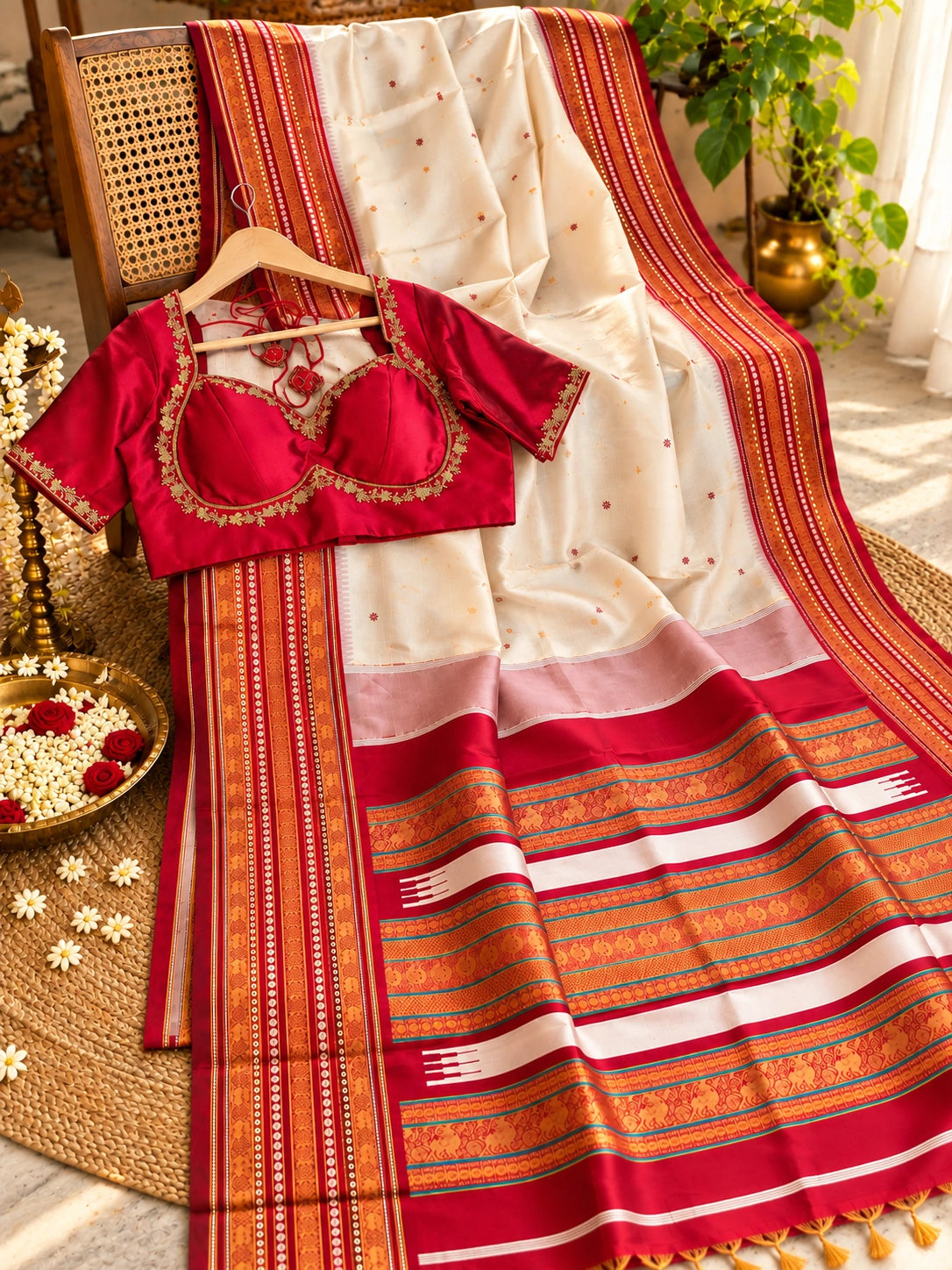 Ivory & maroon Assam Silk Saree with Traditional Woven Border and Buti Motifs