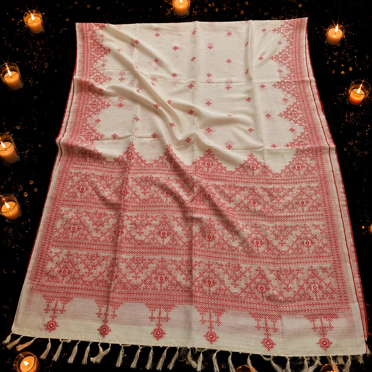 Off White Semi Tussar Embroidery Saree with Red Ethnic Woven Border and Tassel Pallu