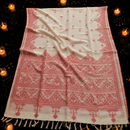 Off White Semi Tussar Embroidery Saree with Red Ethnic Woven Border and Tassel Pallu