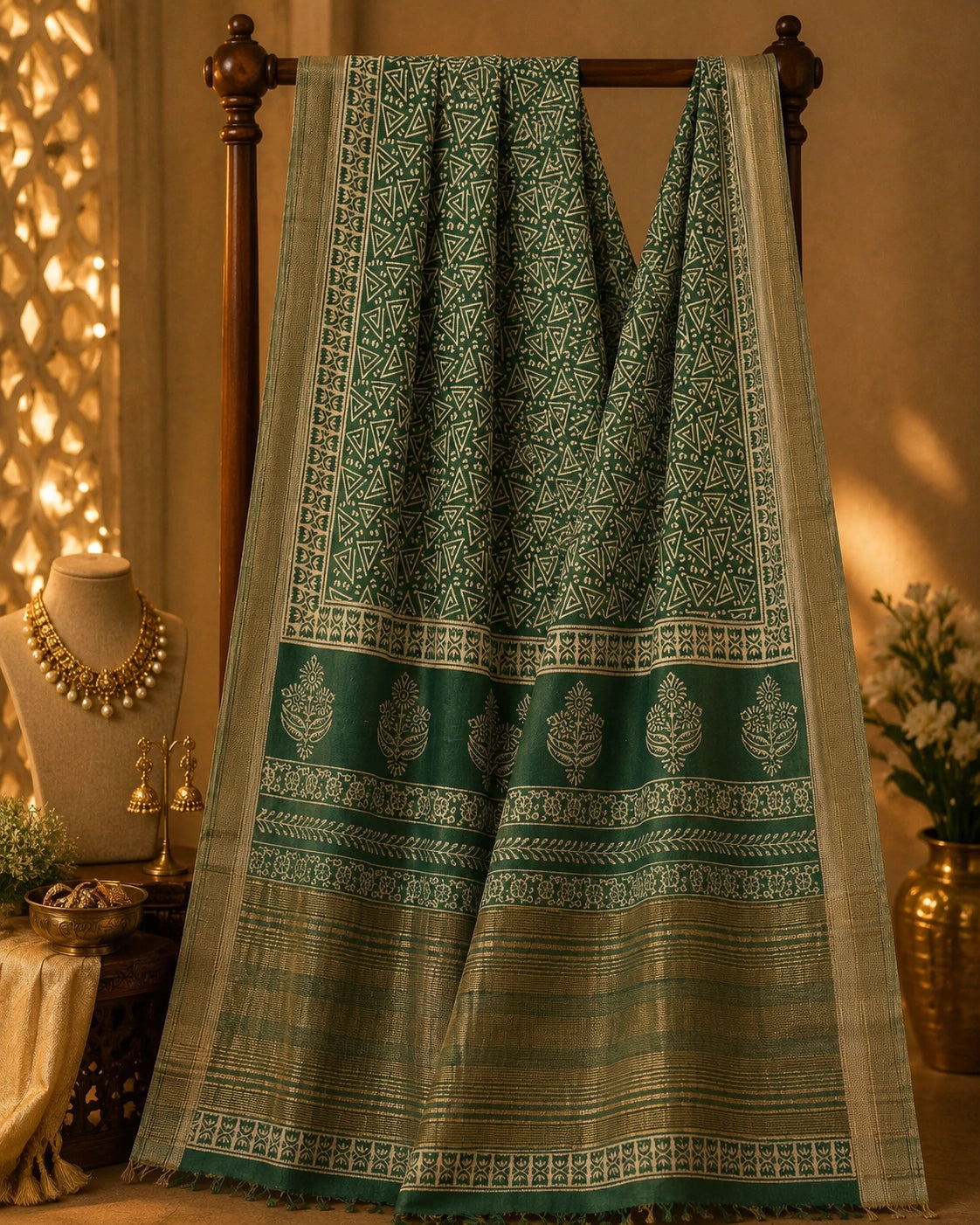 Sage Green Maheshwari Silk Saree with Tribal Geometric Print and Floral Border Design