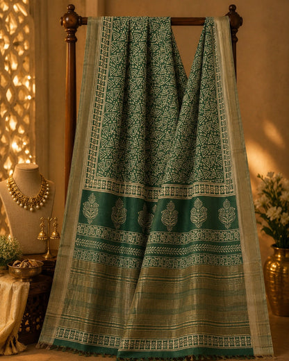 Sage Green Maheshwari Silk Saree with Tribal Geometric Print and Floral Border Design