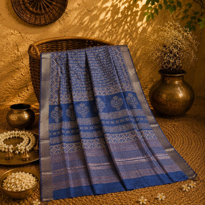 Royal Blue Maheshwari Saree with Silver Zari Tribal Buta Weaving and Ornate Border