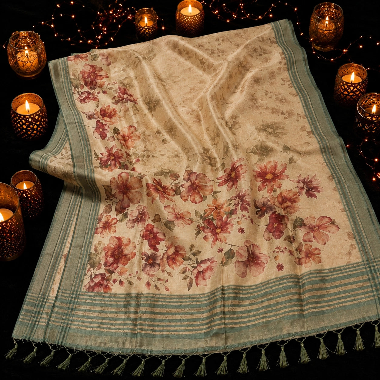 Beige Linen Digital Print Saree with Vintage Floral Print and Sage Green Striped Border