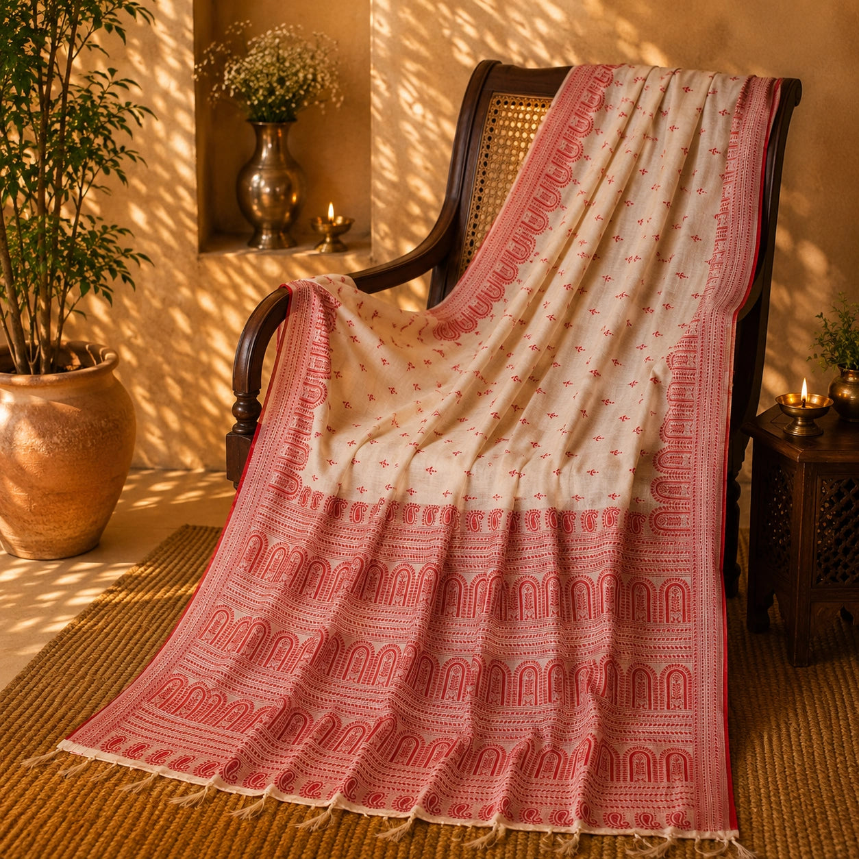 Off White Semi Tussar Saree with Red Traditional Temple Border and Allover Buti Weaving