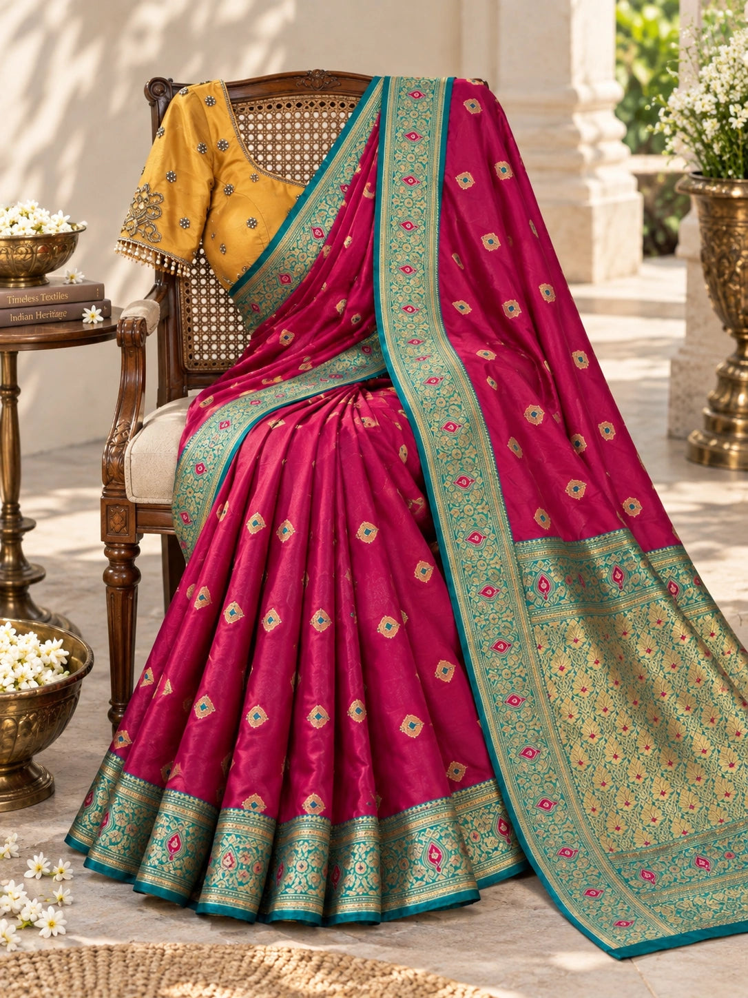 Rani Pink Semi Katan Saree with Teal Zari Border & Big Buta Motifs