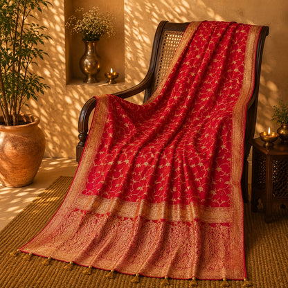 Red Pure Masru Silk Saree with Gold Floral Vine Weaving and Ornate Zari Border