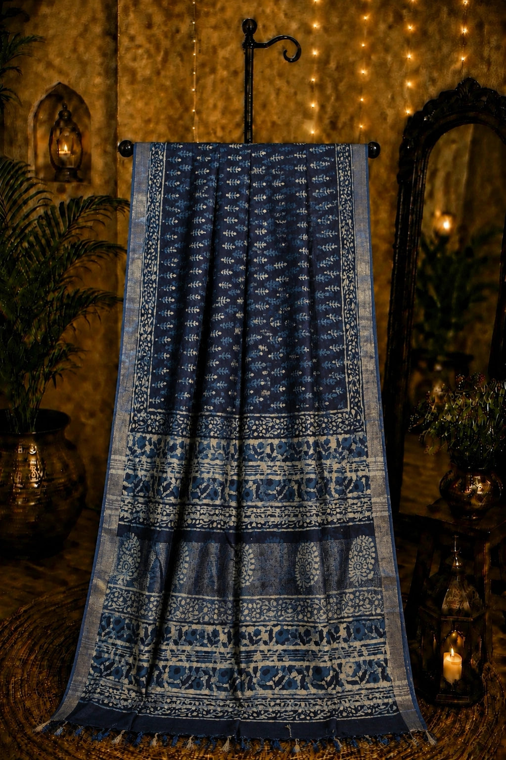 Indigo Blue Linen Saree with Traditional Hand Block Floral Border and Ethnic Print Pallu