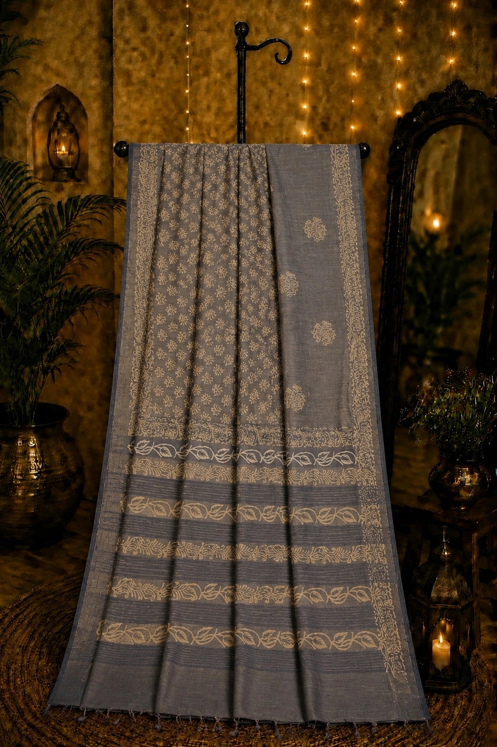 Charcoal Grey Tussar Batik Saree with Beige Floral Motifs and Artistic Border Design