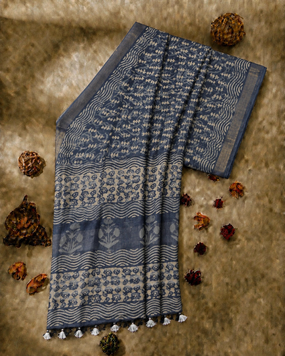 Indigo Blue Linen Saree with Traditional Floral Border Print and Tassel Pallu