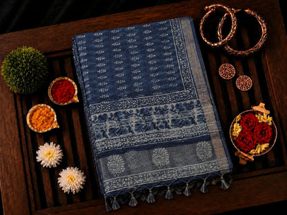 Indigo Blue Linen Saree with Traditional Hand Block Floral Border and Ethnic Print Pallu