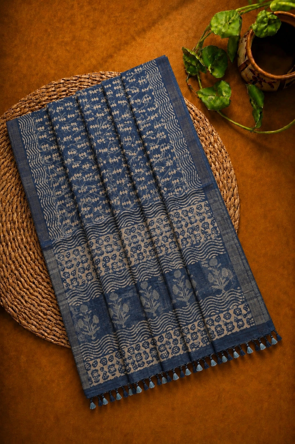 Indigo Blue Linen Saree with Traditional Floral Border Print and Tassel Pallu