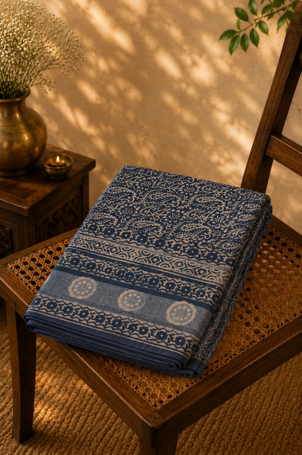 Indigo Blue Linen Saree with Traditional Floral Border and Hand Block Print Inspired Motifs