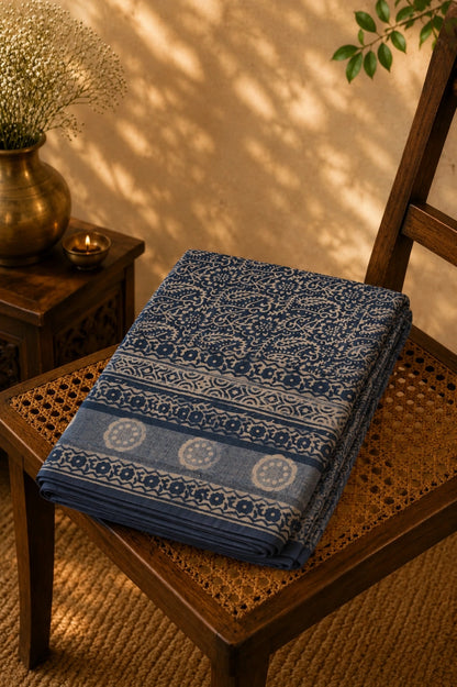 Indigo Blue Linen Saree with Traditional Floral Border and Hand Block Print Inspired Motifs