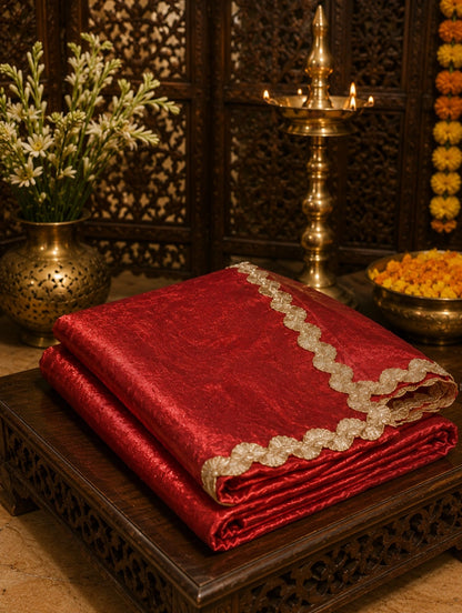 Red Fancy Satin Saree with Gold Scalloped Lace Border Traditional Party Wear Saree