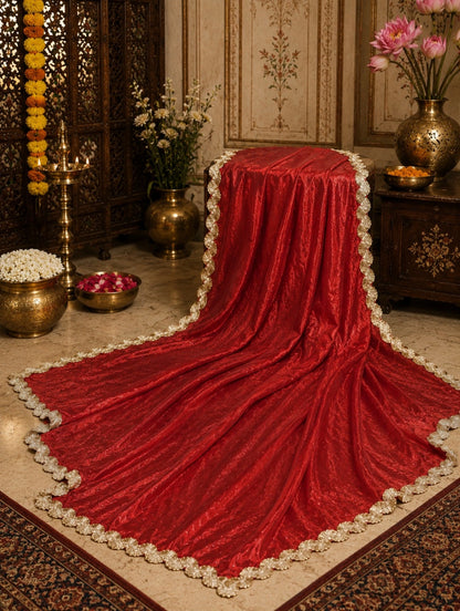 Red Fancy Satin Saree with Gold Scalloped Lace Border Traditional Party Wear Saree