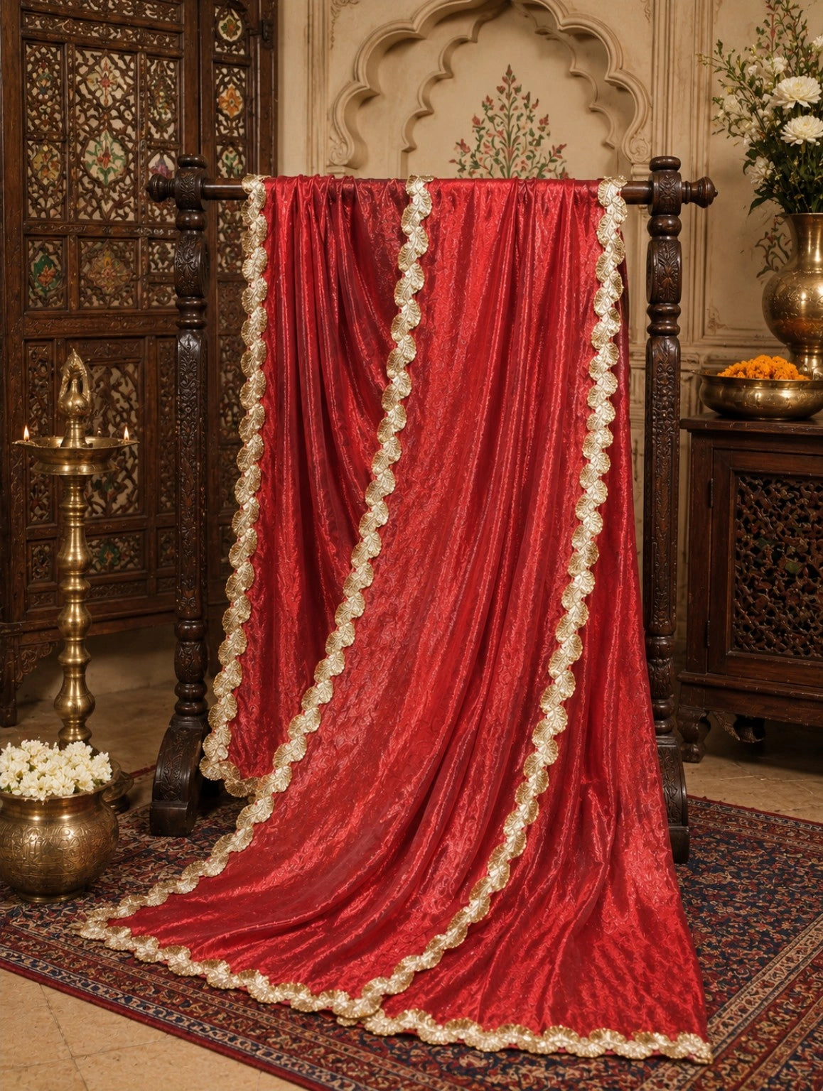 Red Fancy Satin Saree with Gold Scalloped Lace Border Traditional Party Wear Saree