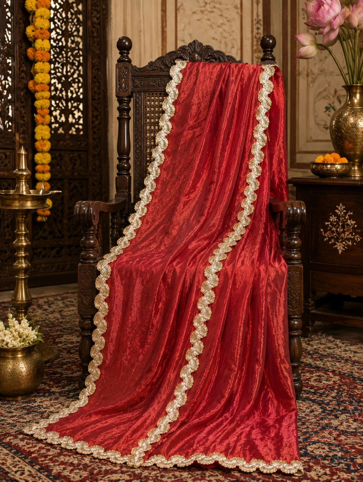 Red Fancy Satin Saree with Gold Scalloped Lace Border Traditional Party Wear Saree