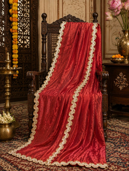 Red Fancy Satin Saree with Gold Scalloped Lace Border Traditional Party Wear Saree
