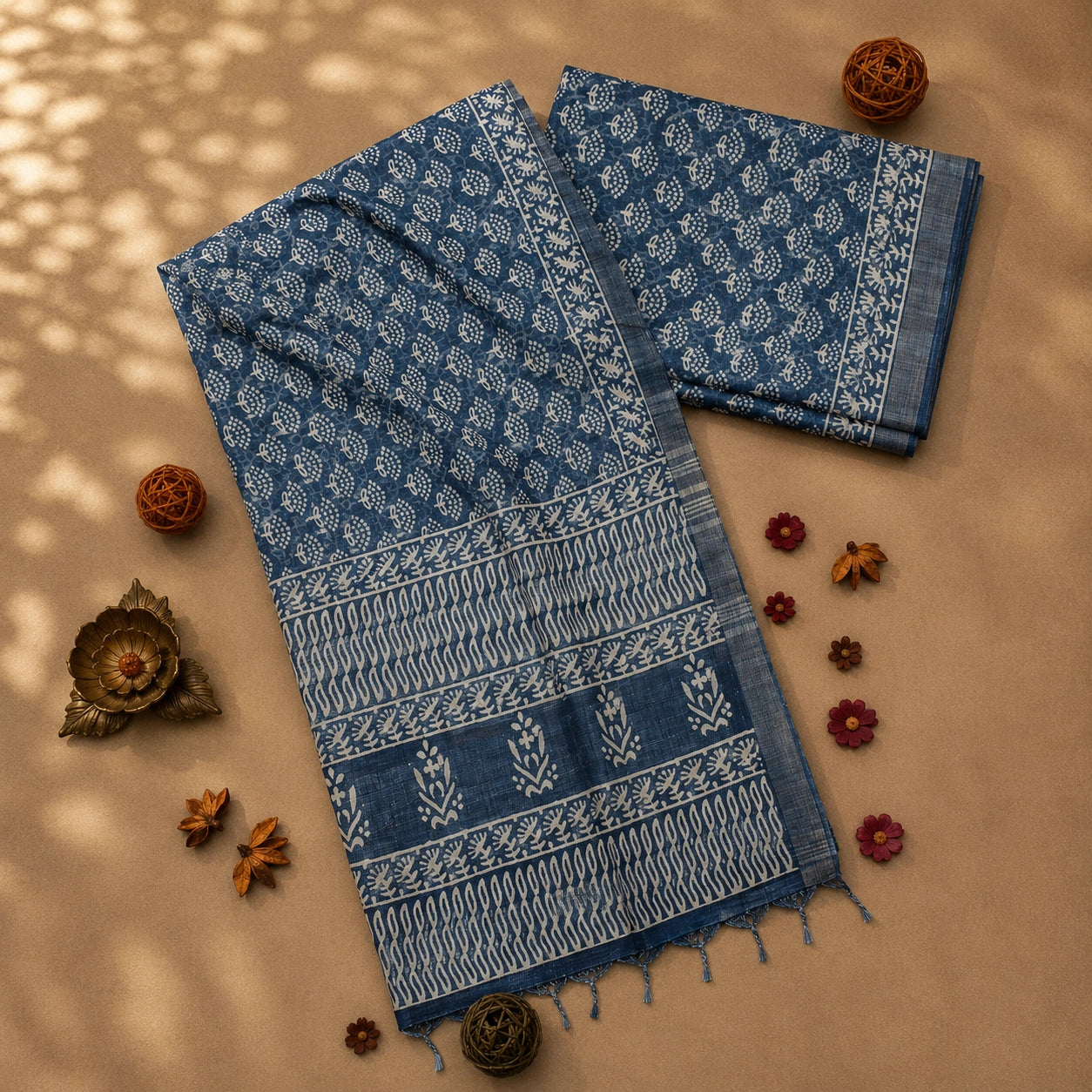 Indigo Blue Linen Printed Saree with White Floral Vine Motifs and Traditional Block Print Border