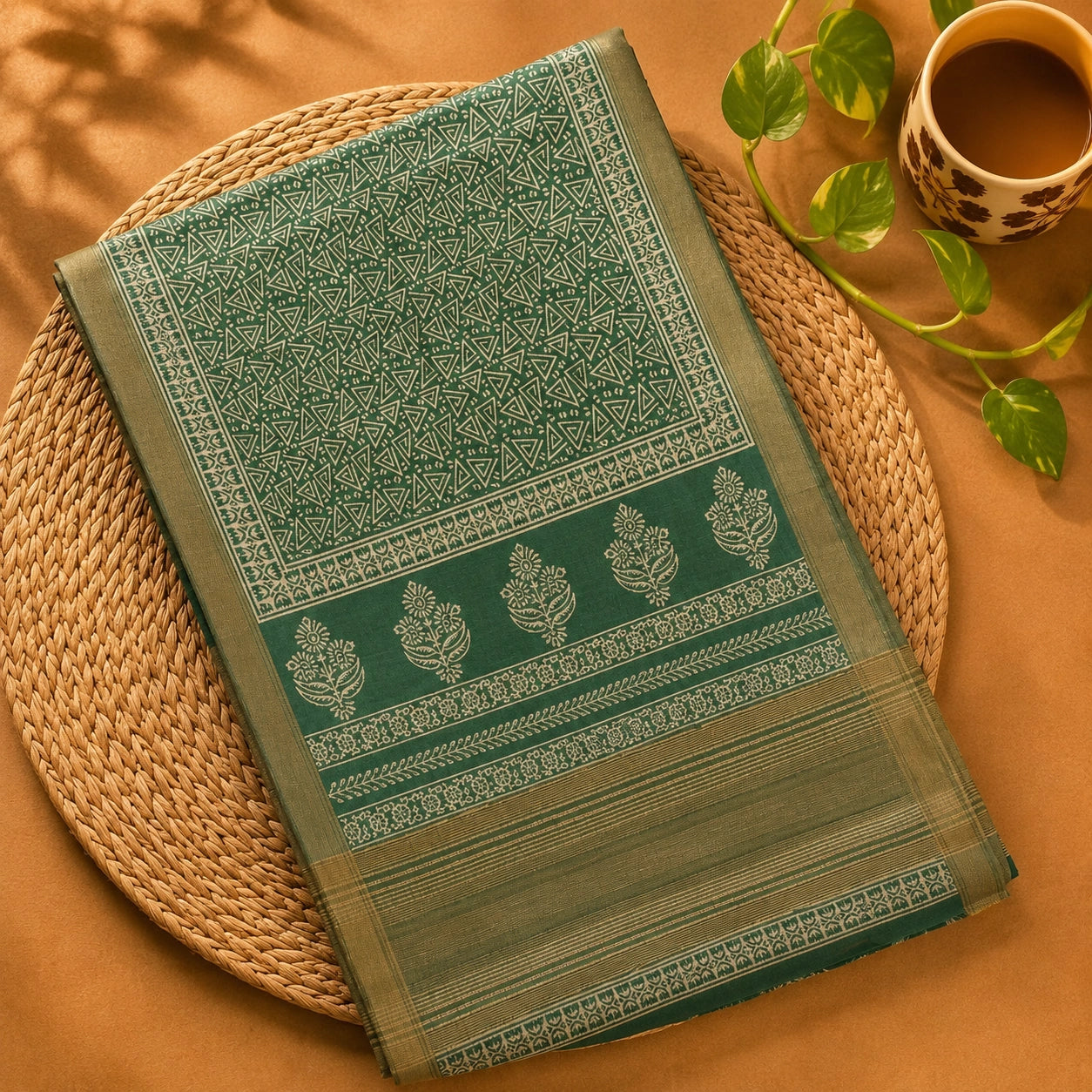 Sage Green Maheshwari Silk Saree with Tribal Geometric Print and Floral Border Design
