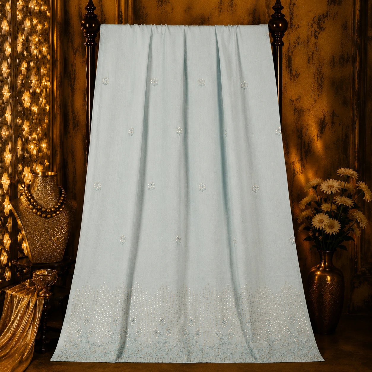 Powder Blue Chanderi Sequence Saree with Floral Buti Work and Embroidered Border