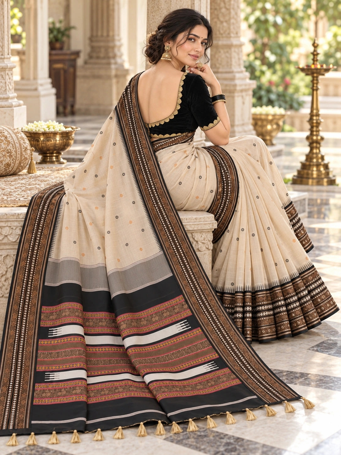 Assam Silk Cream Saree with Black Brown Woven Border & Traditional Motif Pallu