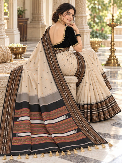Assam Silk Cream Saree with Black Brown Woven Border & Traditional Motif Pallu