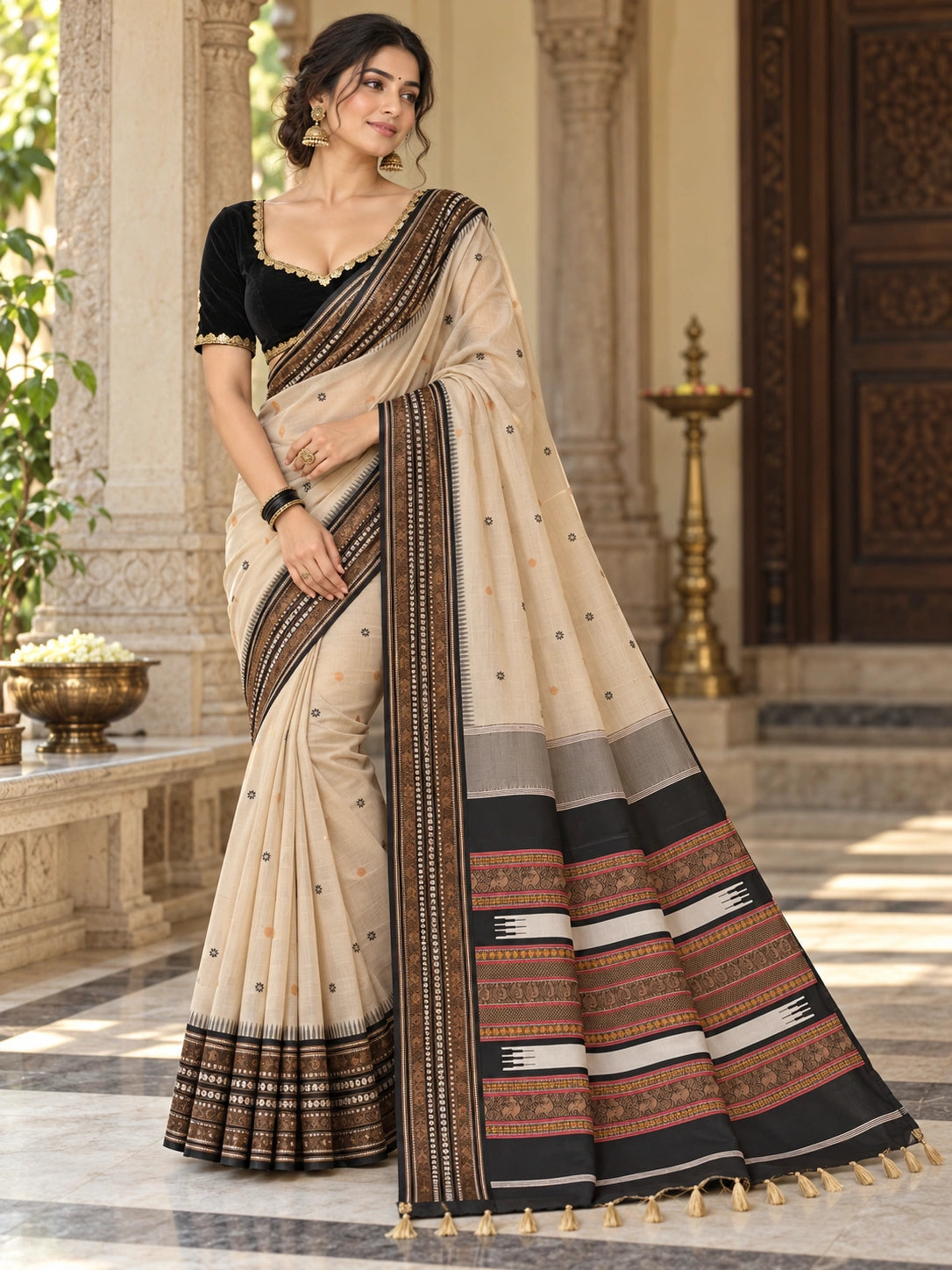 Assam Silk Cream Saree with Black Brown Woven Border & Traditional Motif Pallu
