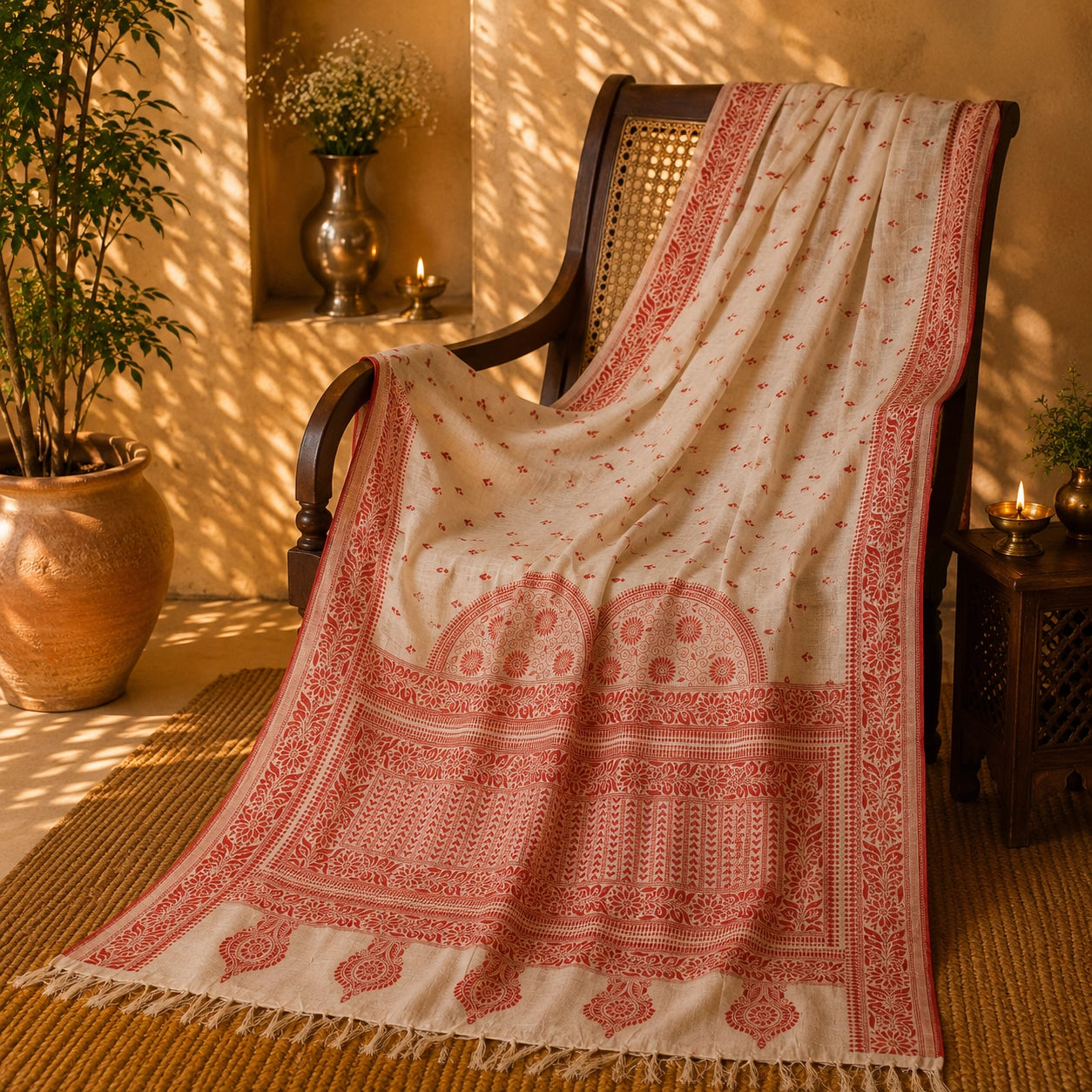 Off White Semi Tussar Saree with Red Floral Heritage Border and Traditional Folk Motif Pallu