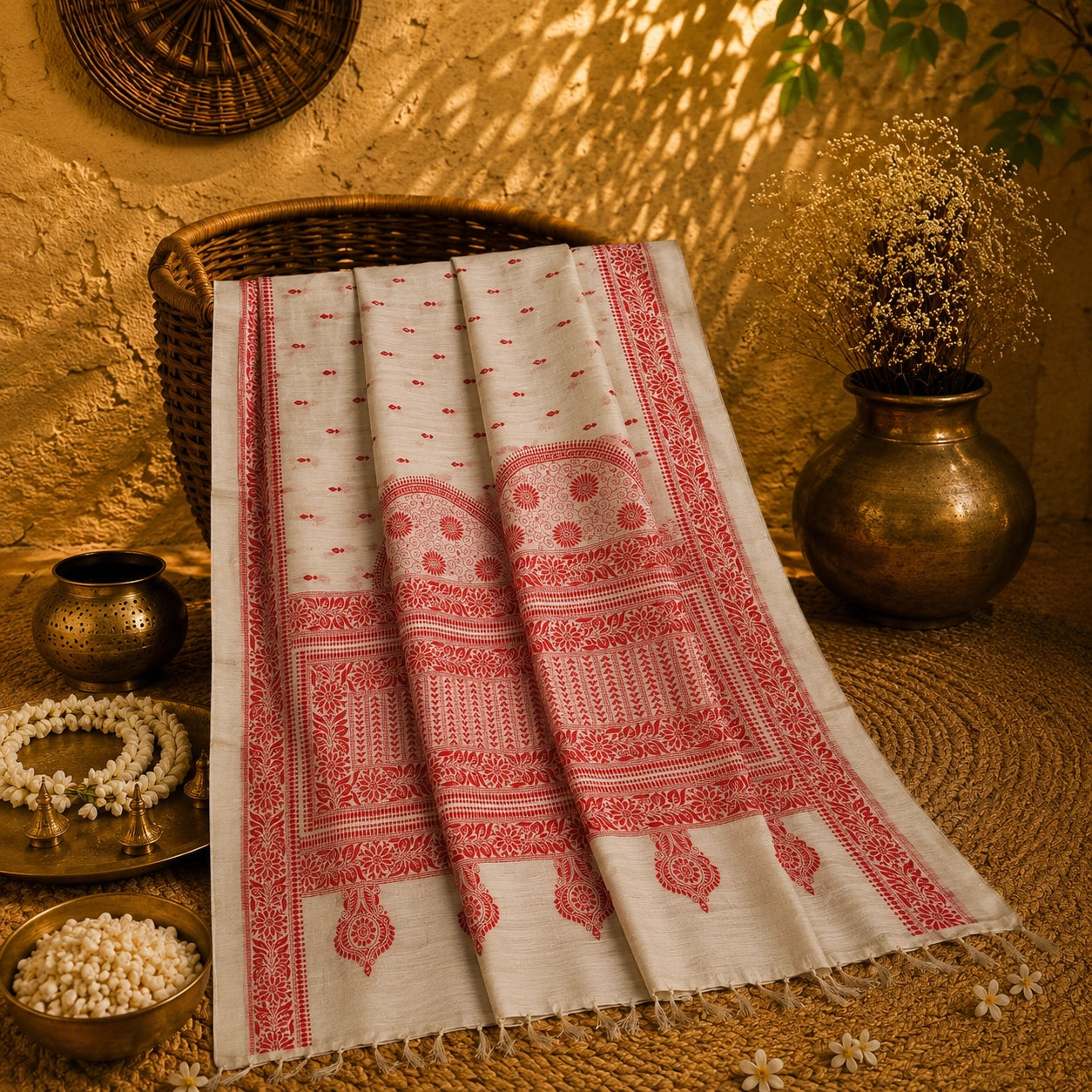 Off White Semi Tussar Saree with Red Floral Heritage Border and Traditional Folk Motif Pallu