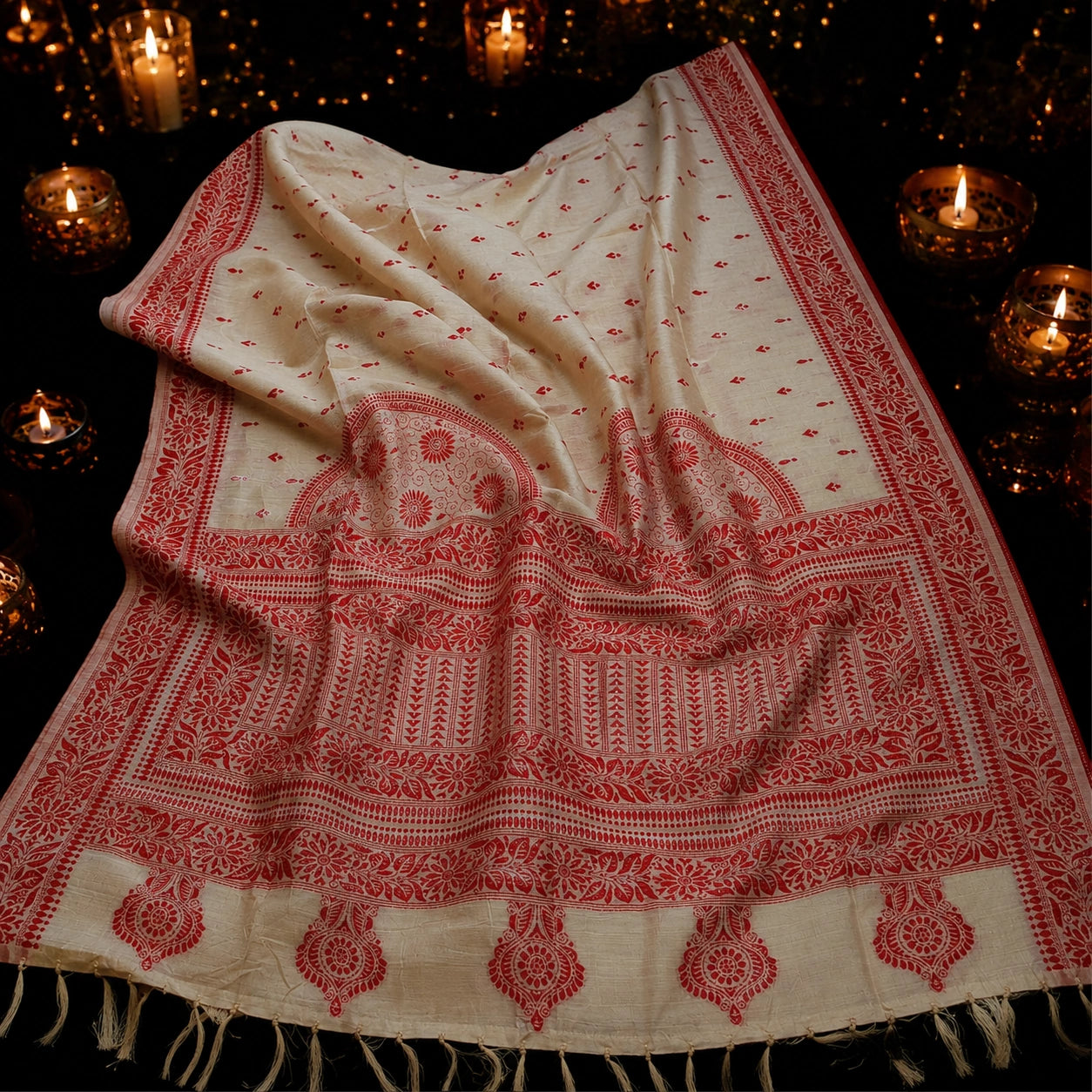 Off White Semi Tussar Saree with Red Floral Heritage Border and Traditional Folk Motif Pallu