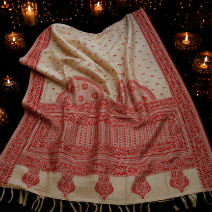 Off White Semi Tussar Saree with Red Floral Heritage Border and Traditional Folk Motif Pallu