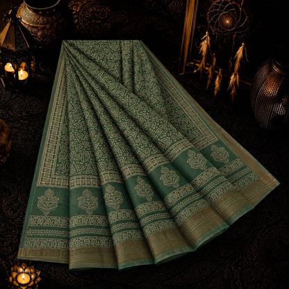 Sage Green Maheshwari Silk Saree with Tribal Geometric Print and Floral Border Design
