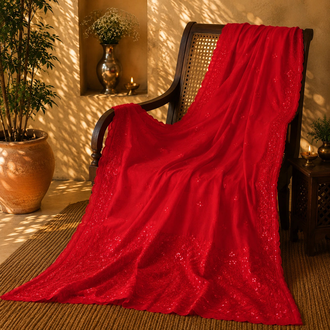 Red Chanderi Sequence Saree with Allover Sequin Detailing and Embellished Border