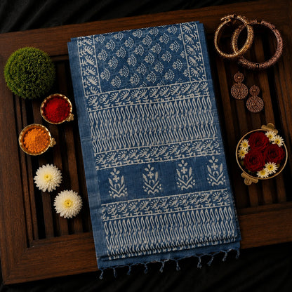 Indigo Blue Linen Printed Saree with White Floral Vine Motifs and Traditional Block Print Border