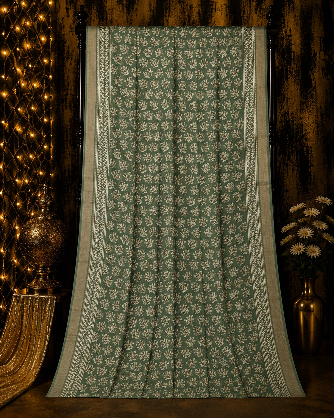 Sage Green Maheshwari Saree with White Floral Buti Print and Traditional Border