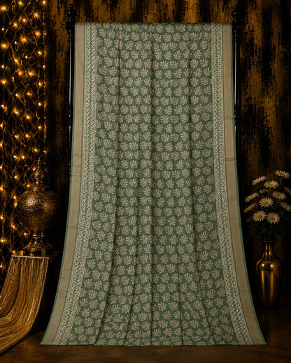 Sage Green Maheshwari Saree with White Floral Buti Print and Traditional Border