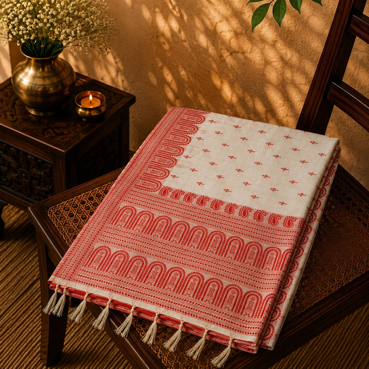 Off White Semi Tussar Saree with Red Traditional Temple Border and Allover Buti Weaving