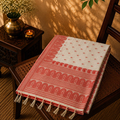 Off White Semi Tussar Saree with Red Traditional Temple Border and Allover Buti Weaving